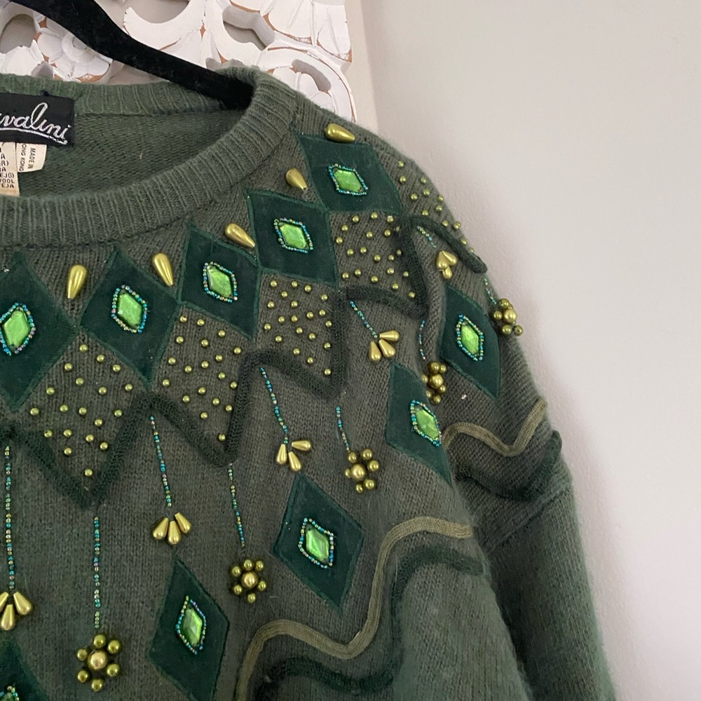 Cavalini VTG 90s Tunic Embellished Holiday Sweater Angora Lambs Wool Blend L - Picture 4 of 13